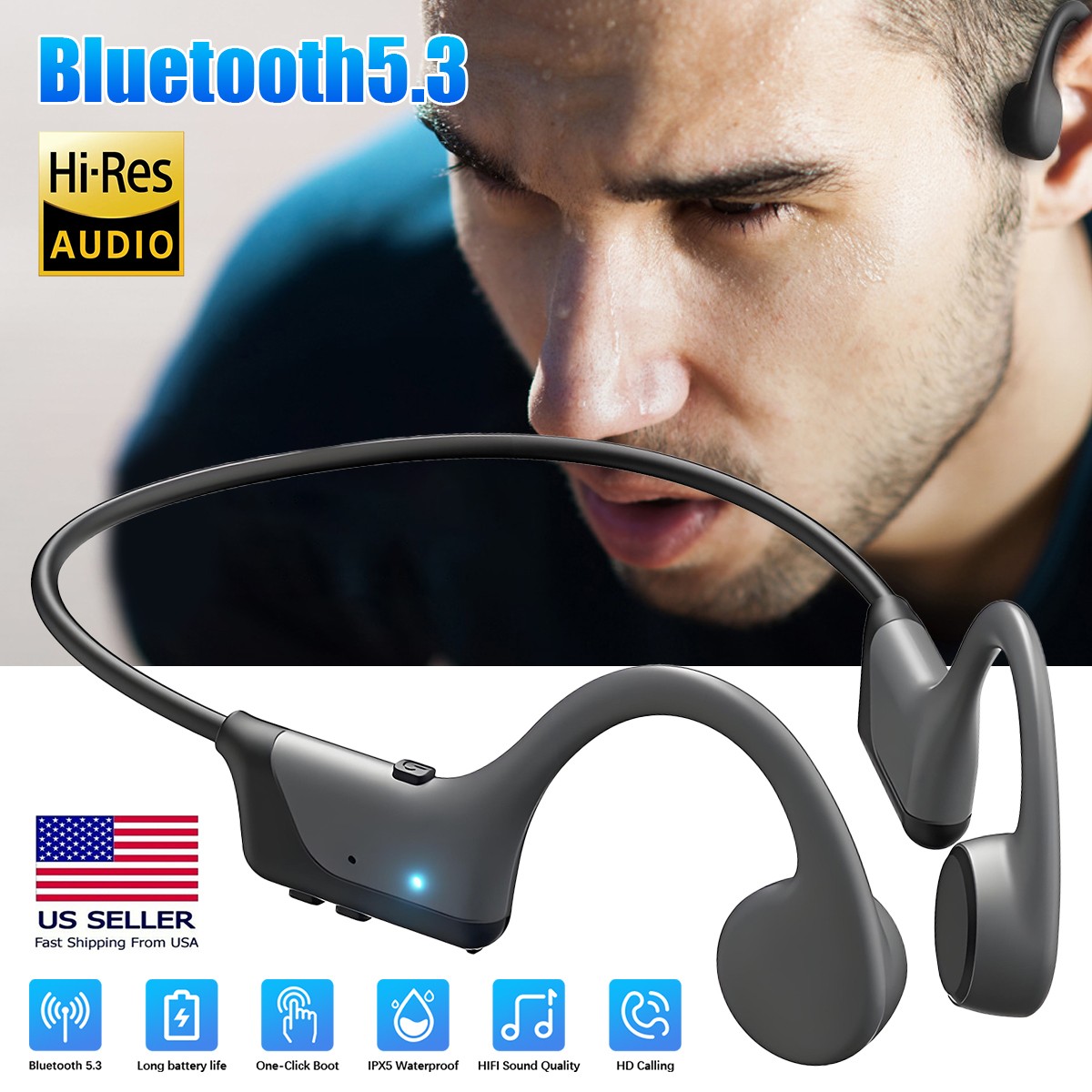 Bluetooth 5.3 Bone Conduction Headphones Wireless 10H Talk Time IPX5 for Running