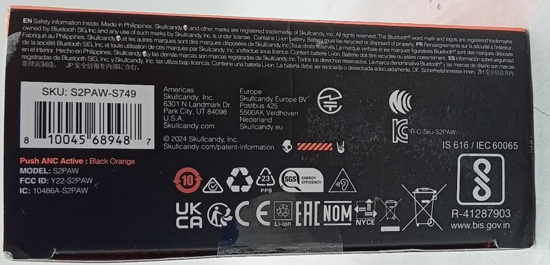 Skullcandy Push ANC Active Wireless Earbuds Black Orange Sealed