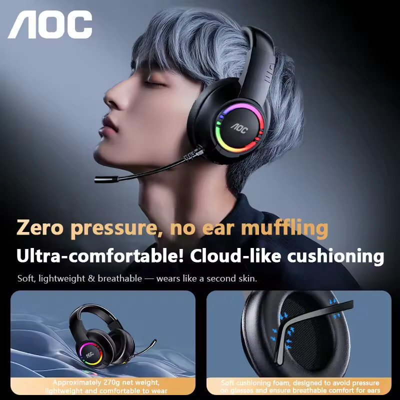 AOC USB Gaming Headset Compatible with PS5/4 Nintendo Switch Noise Canceling Mic