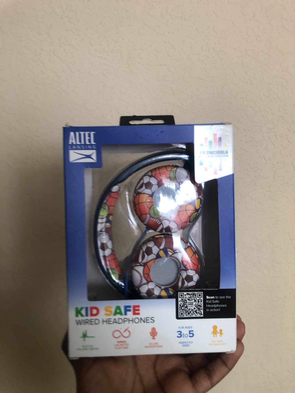 Brand New in Box Altec Lansing Kid Safe Wired Headphones Blue with Ball Pattern