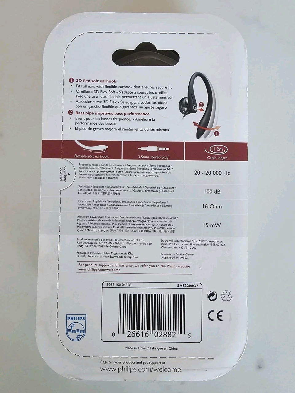 Philips SHS3200BK 37 Flexible Earhook Headphones, Black – 1.2M CABLE