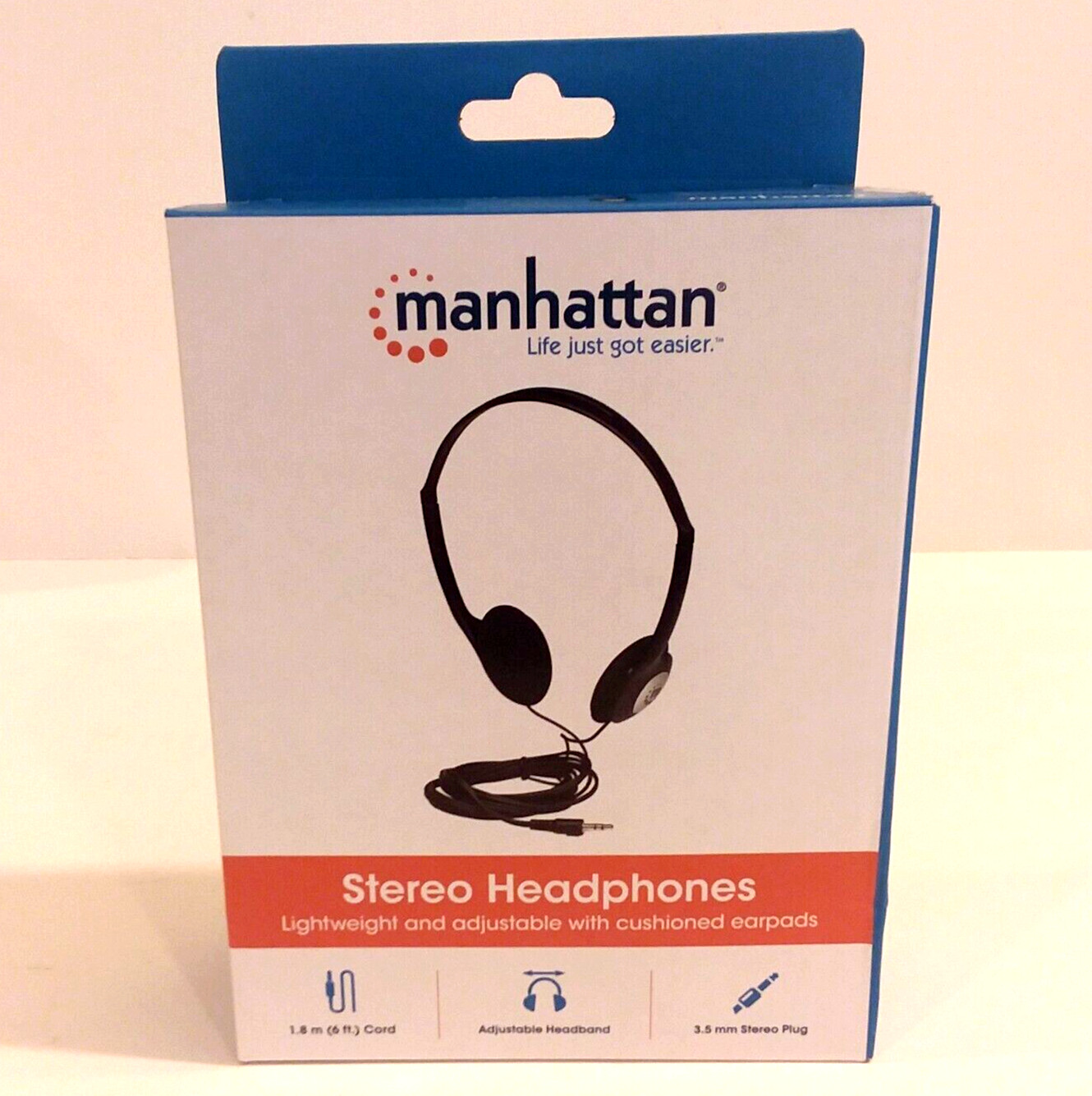 Manhattan 177481 Lightweight Stereo Headphones Black, 3.5mm Jack, 6.0′ Cable NEW