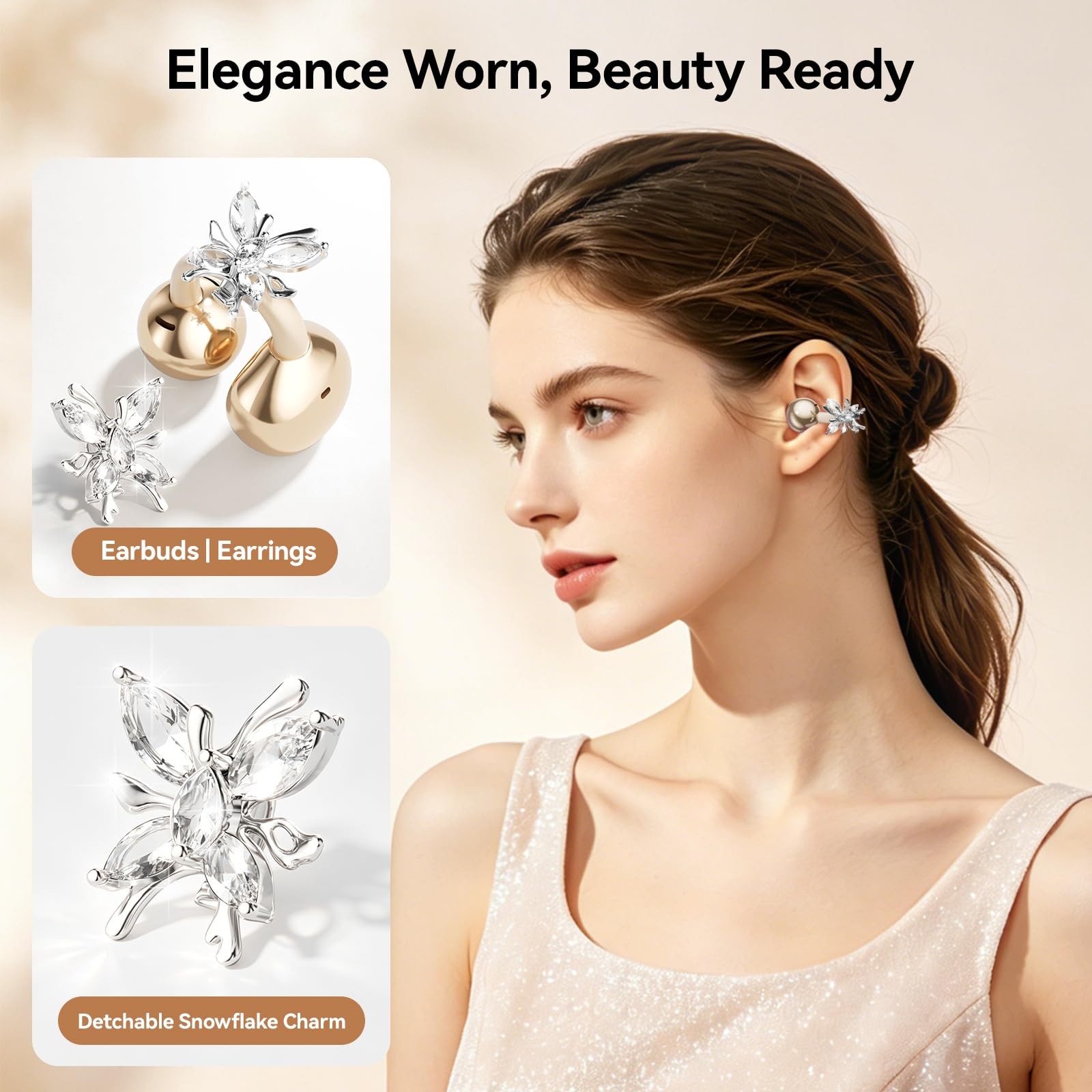 Clip On Earbuds with Detachable Butterfly Earrings & LED Makeup Mirror Case, …
