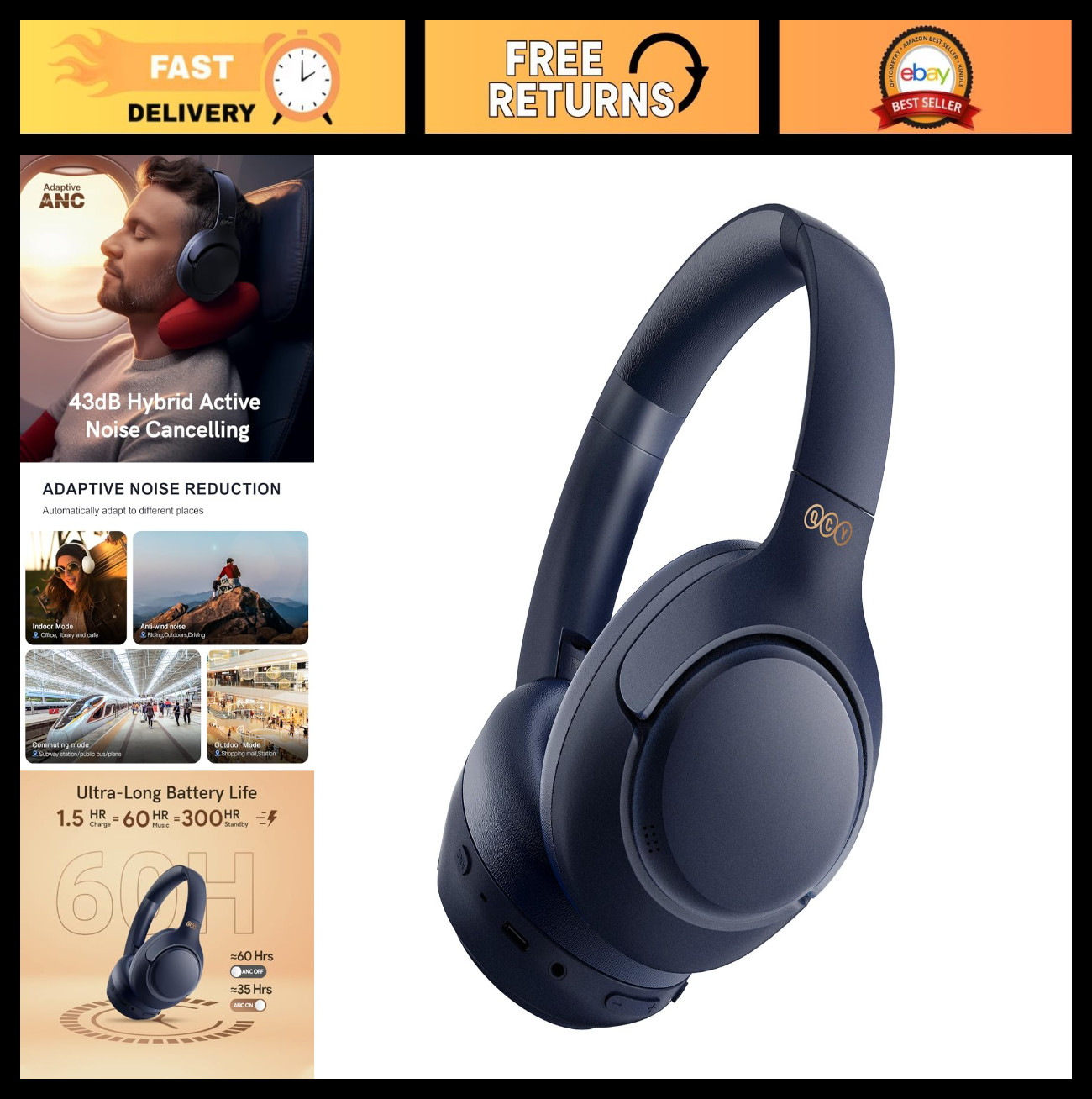 Active Noise Cancelling Bluetooth Headphones, 60H Playback, Hi-Res Audio, Custom