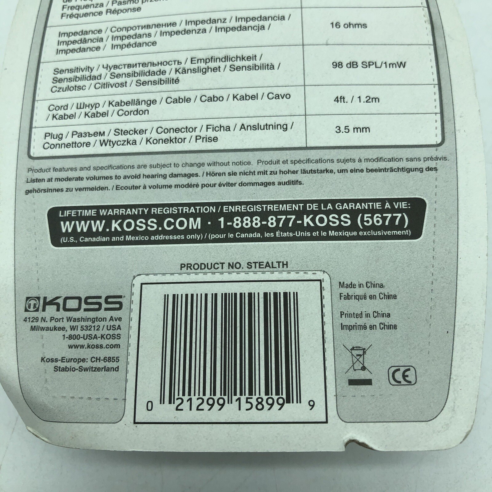 Koss Stealth Earbuds Headphones 3.5mm Travel In Ear CH-6855 Stereophones 4′ Cord