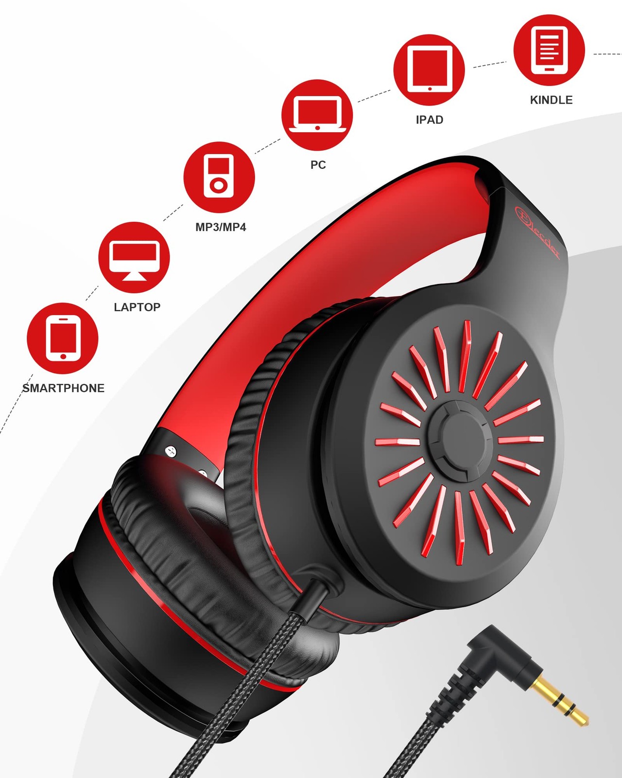 Kids Wired OnEar Headphones Foldable 1.5M Cord 3.5mm Aux Jack Red Model i45