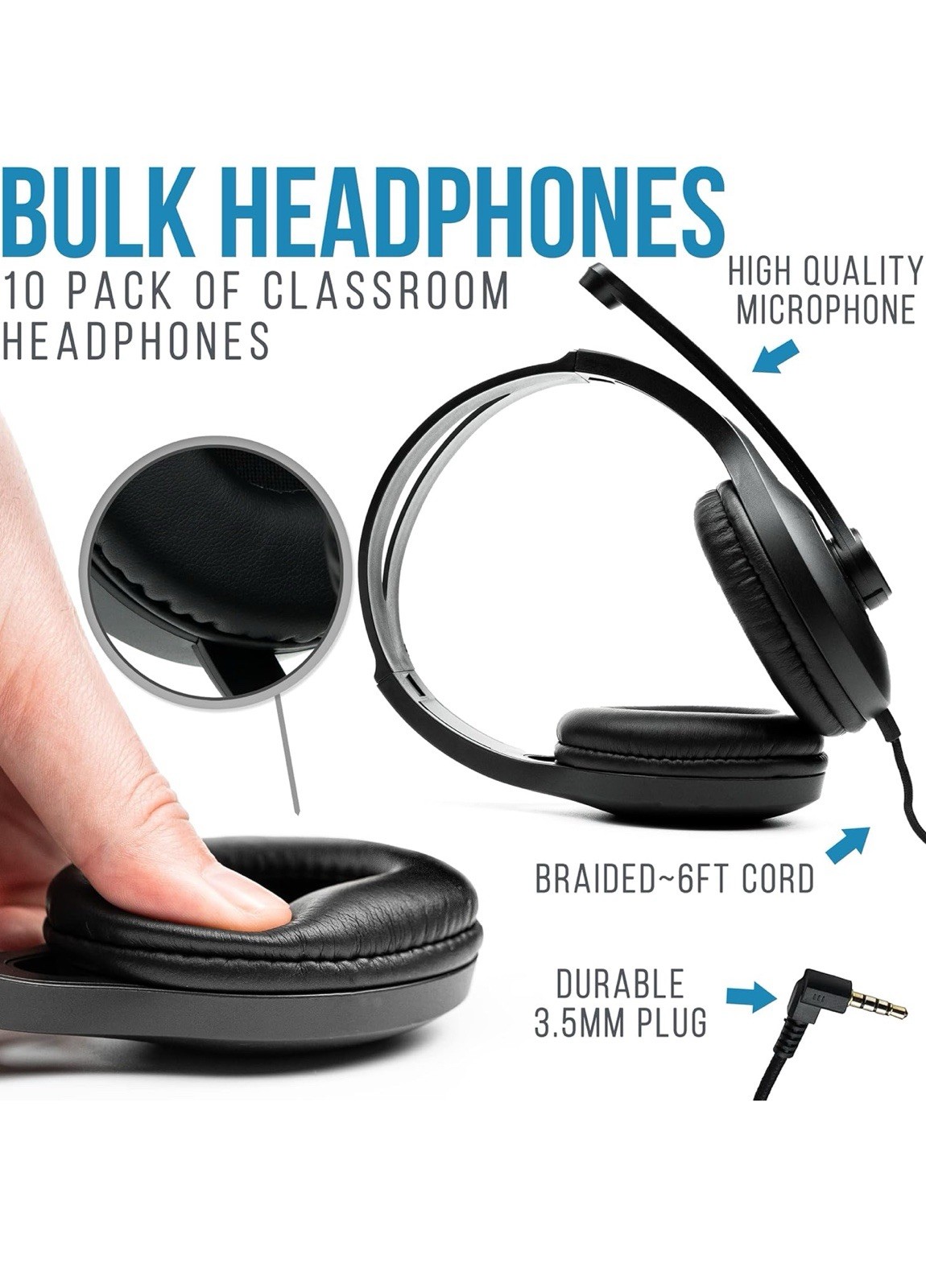 Bulk Classroom Headphones 10 Pack w/ Microphone Premium On-Ear Mic School K-12