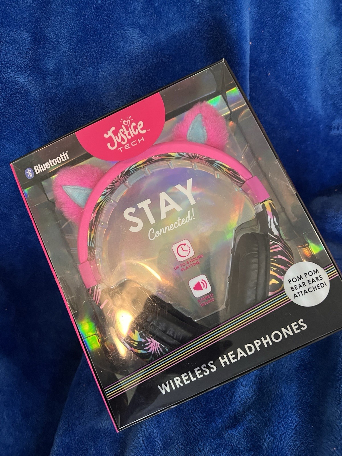 Justice Tech Bluetooth Wireless Headphones w/ Pom Pom Bear Ears, Pink, 40mm