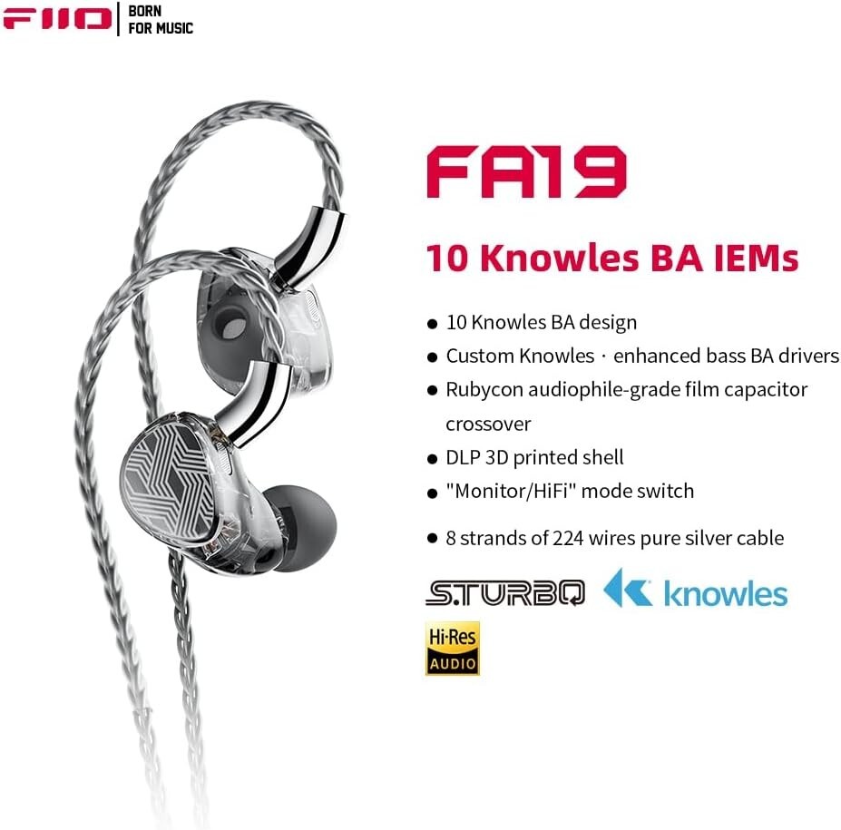 FiiO FA19 10 Knowles Balanced Armature In-Ear Earphone with Pure Silver Cable