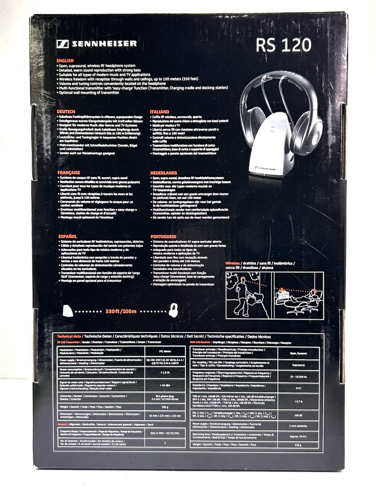 Sennheiser RS 120 RF UHF Wireless Headphones w/ Transmitter Base Black/Gray