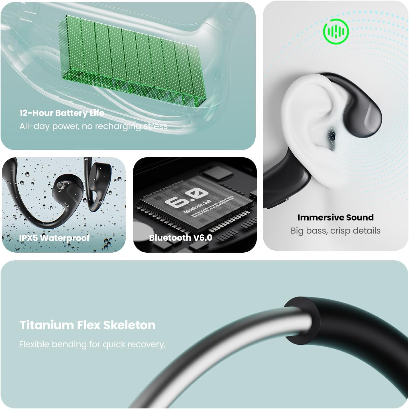 Bone Conduction Headphones,Bluetooth V6.0 Bone Conduction Earbuds with Mic,Open