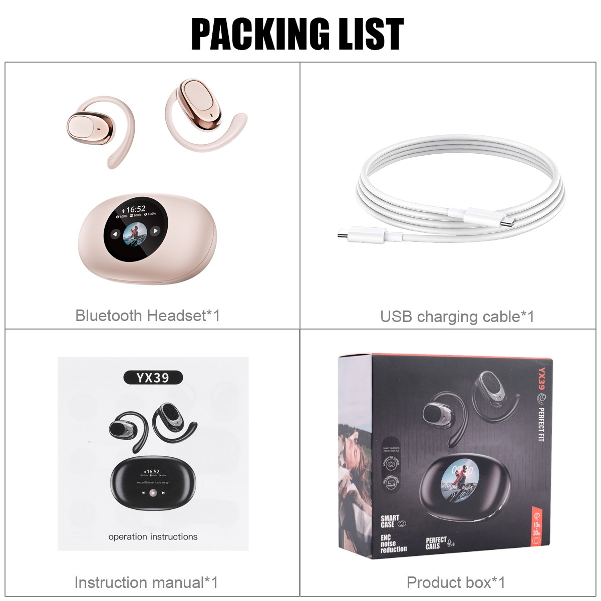 LCD HD screen Over The Ear Earbuds Bluetooth Wireless Multi language switching _