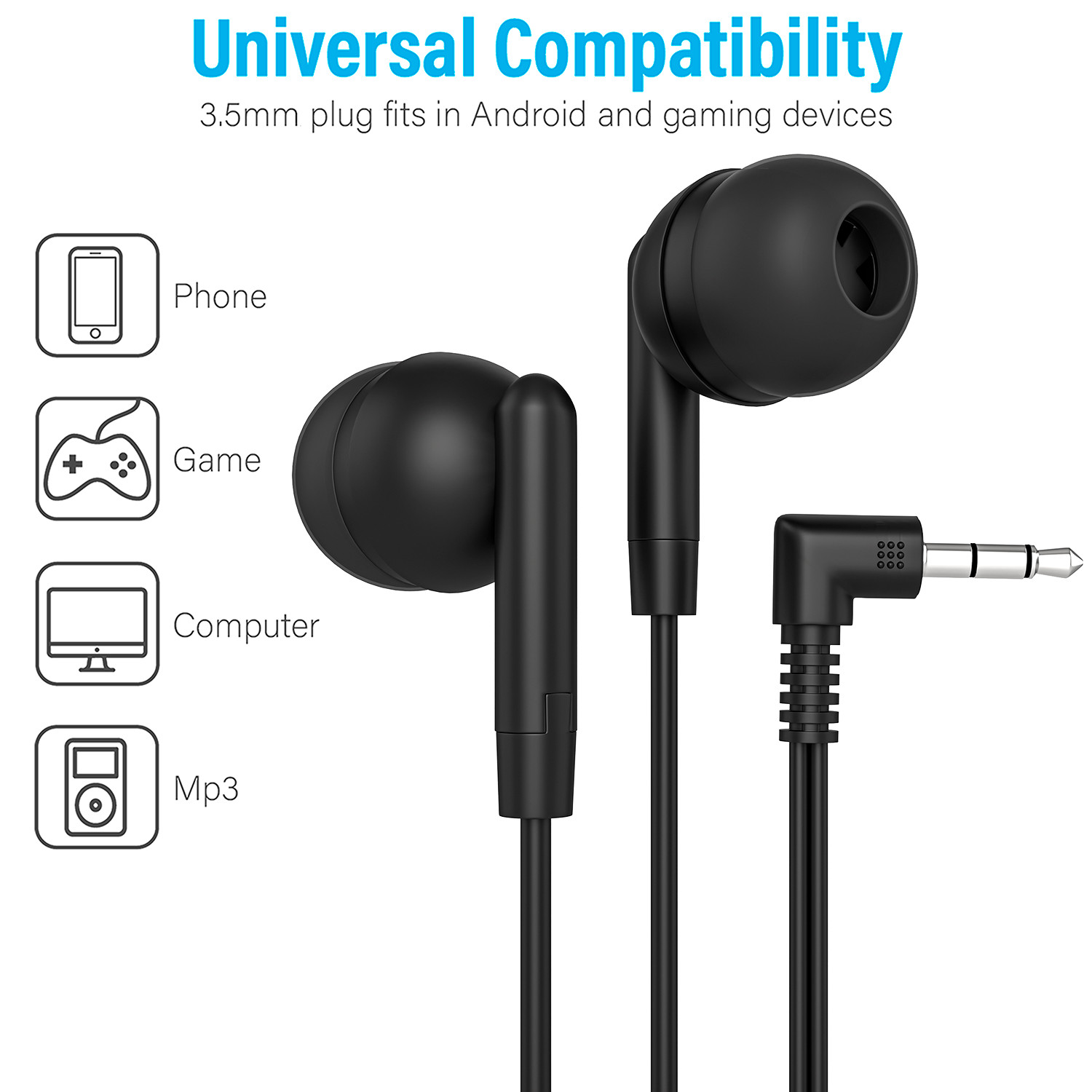 5 Pack of BLACK 3.5mm In Ear Earbuds Headphones – Individually Wrapped – Bulk