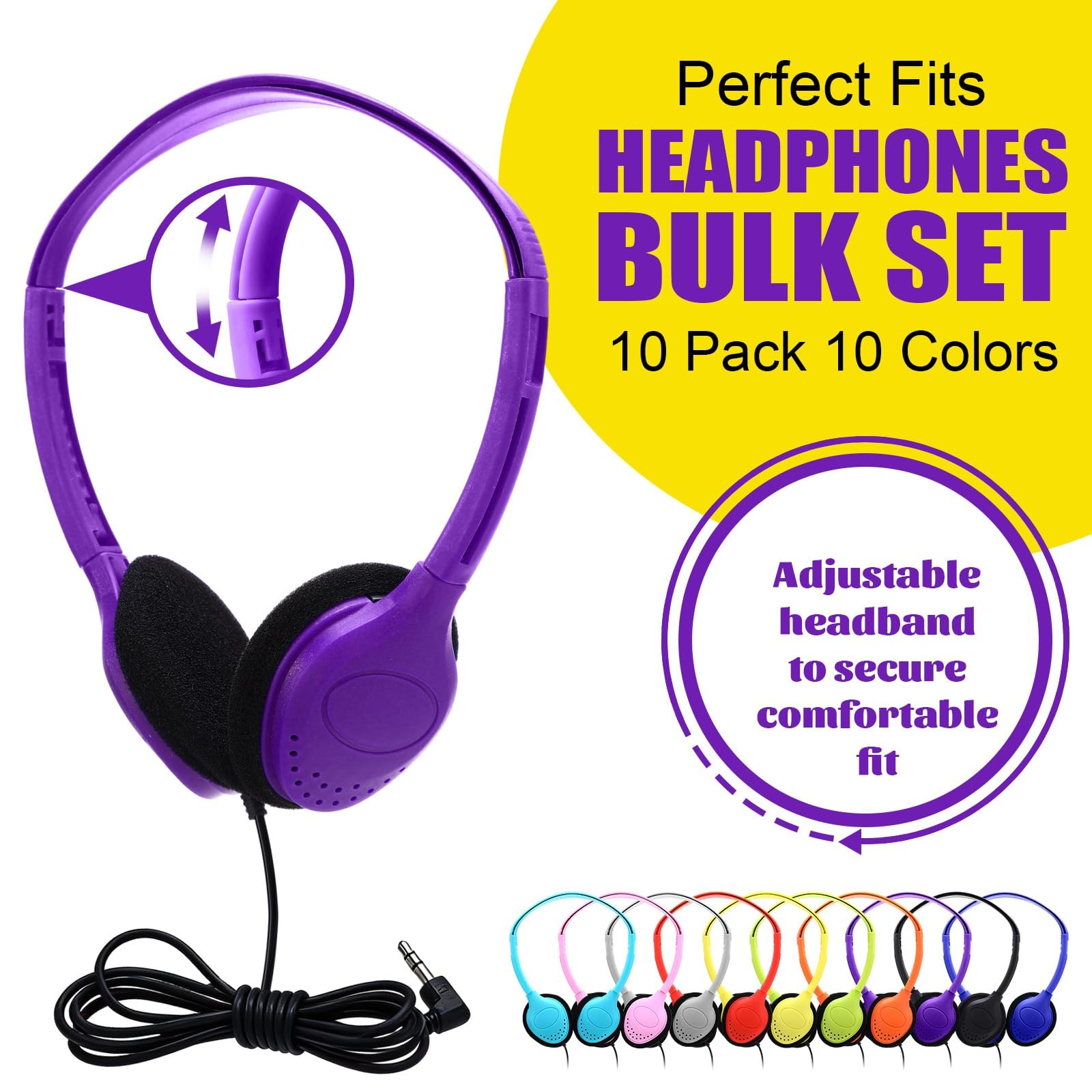 10 Pack Multicolor Bulk School Headphones 3.5mm Jack For Classroom