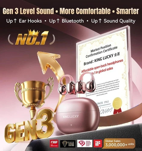 King Lucky Clip-On Earbuds Gen 3, Open-Ear Wireless Bluetooth Standard, Pink