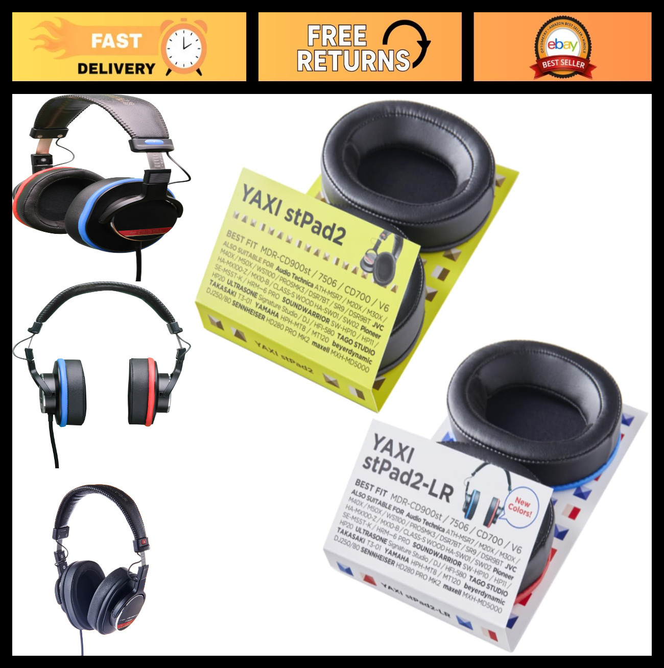 Comfortable Earpads for Sony MDR7506/900ST – 2 Pairs (Blue/Red & Black)