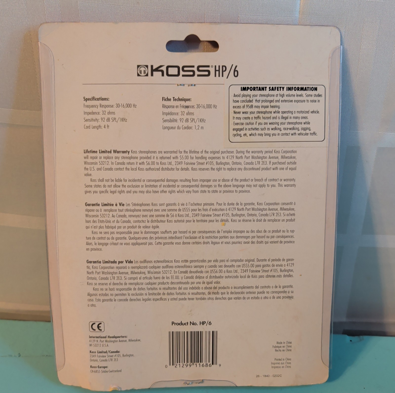 Vintage Koss HP/6 Stereo Headphones w/ Volume Control Cord New