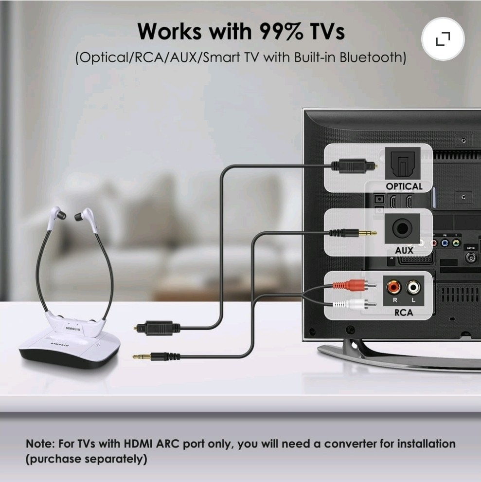 SIMOLIO Wireless TV Headphones with 2.4G Digital Transmitter Charging Dock