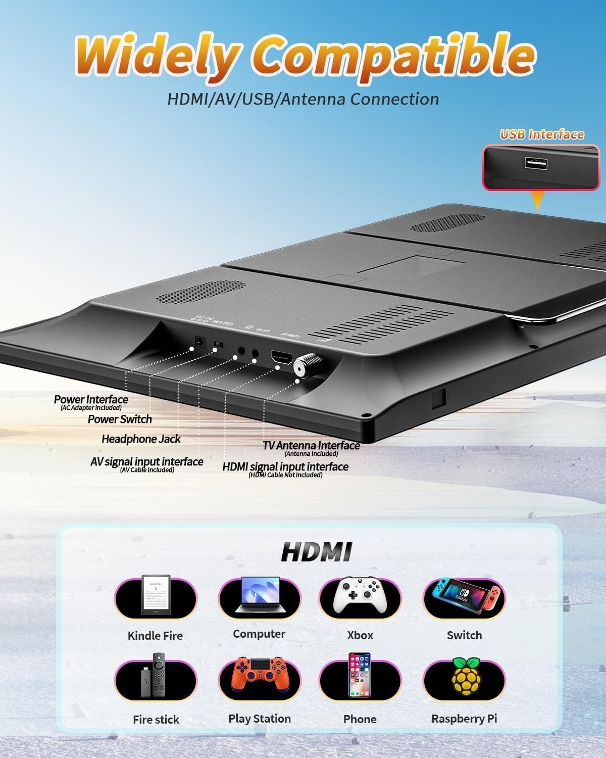 19.5″ HD Portable TV with Antenna, 8000Mah Built-In Powered Operated TV for Indo