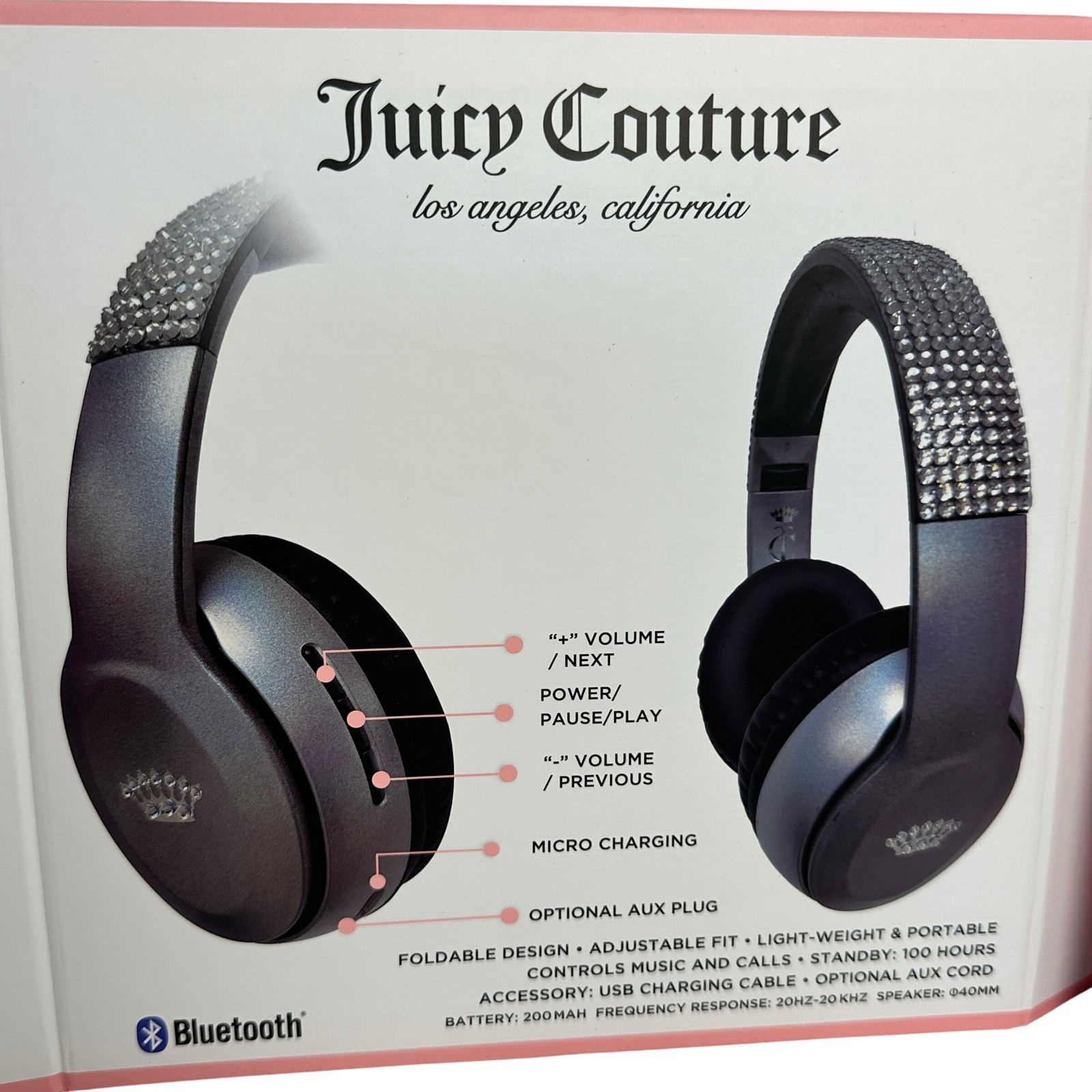 Juicy Couture Iridescent Silver Rhinestone Wireless Bluetooth Headphones NIB
