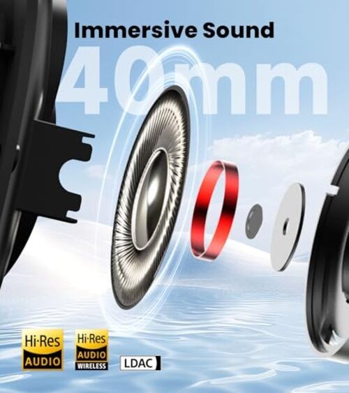 W80 Over Ear Headphones with -49dB Active Noise Cancelling, LDAC Hi-Res Black