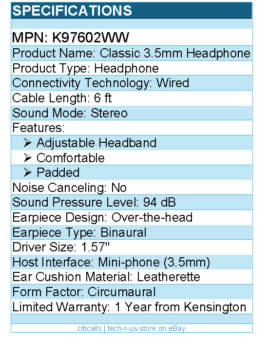 Kensington K97602WW Classic 3.5mm Headphone – Stereo – Mini-phone (3.5mm) -Wired