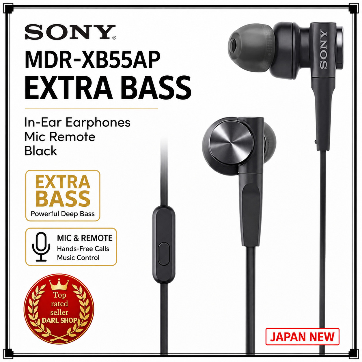 Sony MDR-XB55AP Extra Bass In-Ear Earphones Mic Remote Black Japan New