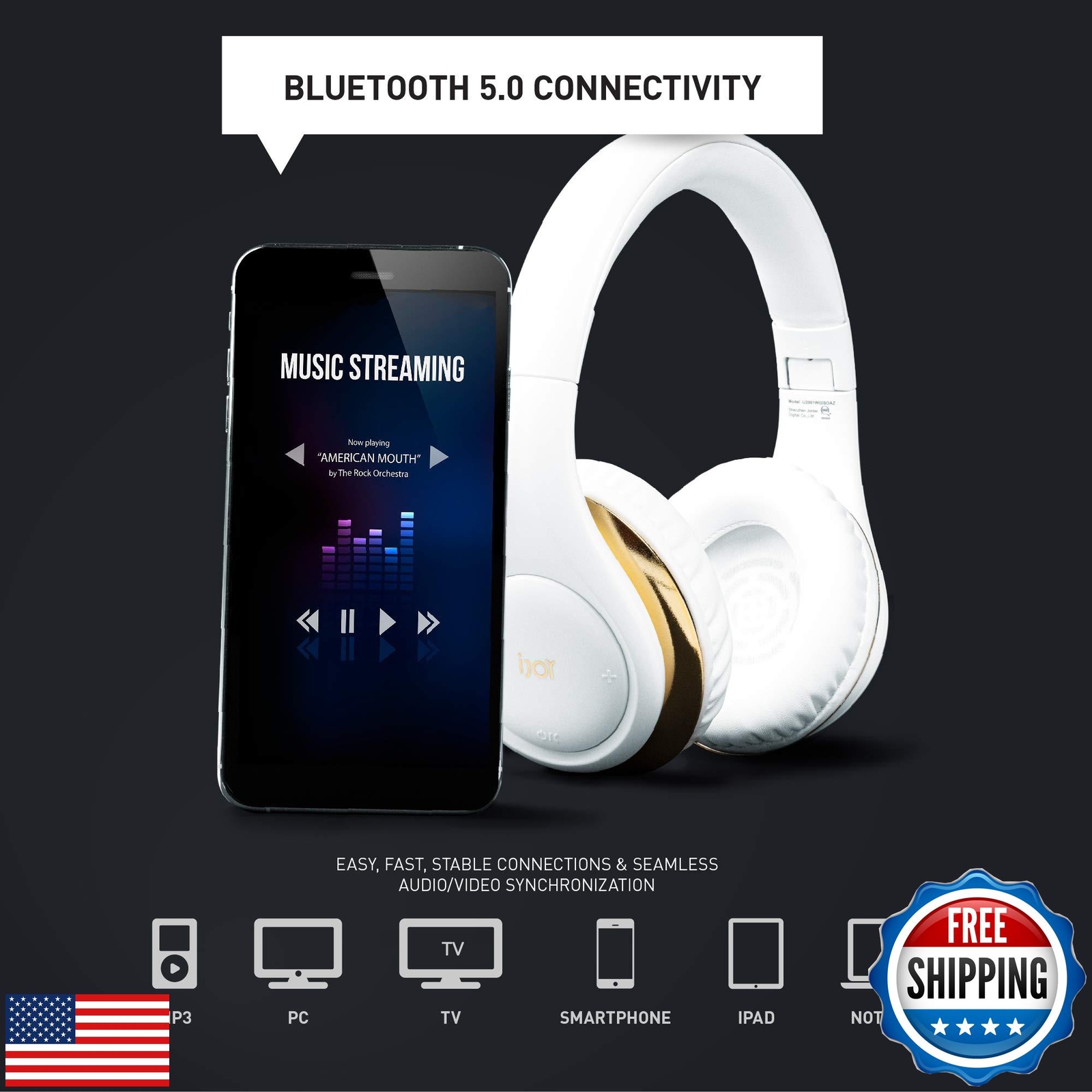 iJoy ISO Bluetooth 5.0 Wireless Over Ear Foldable Stereo Headphones with 30 H