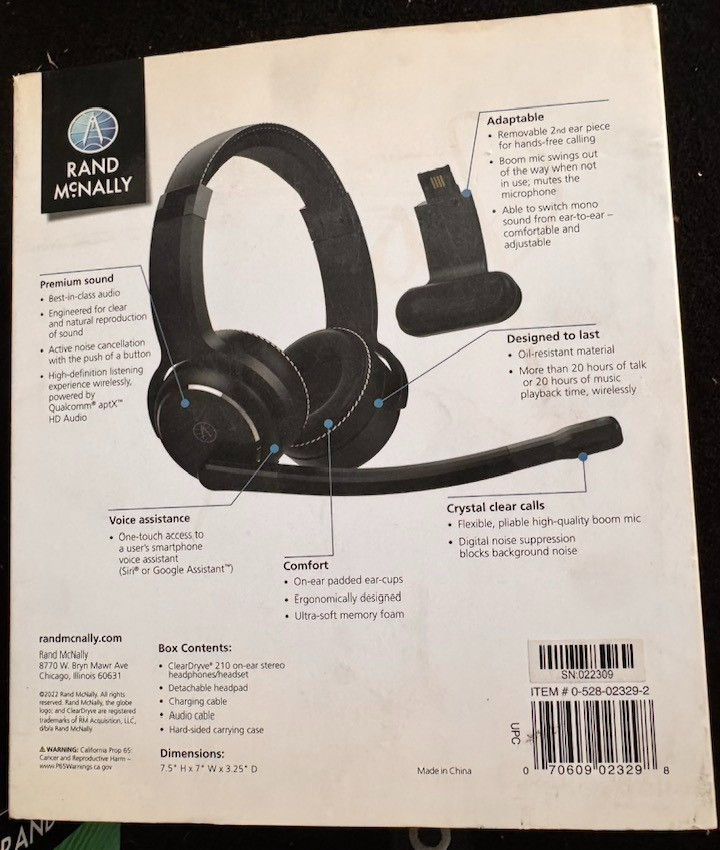 RAND MCNALLY CLEARDRYVE CD 210 CD210 WIRELESS HEADPHONES FOR TRUCKERS OPEN BOX