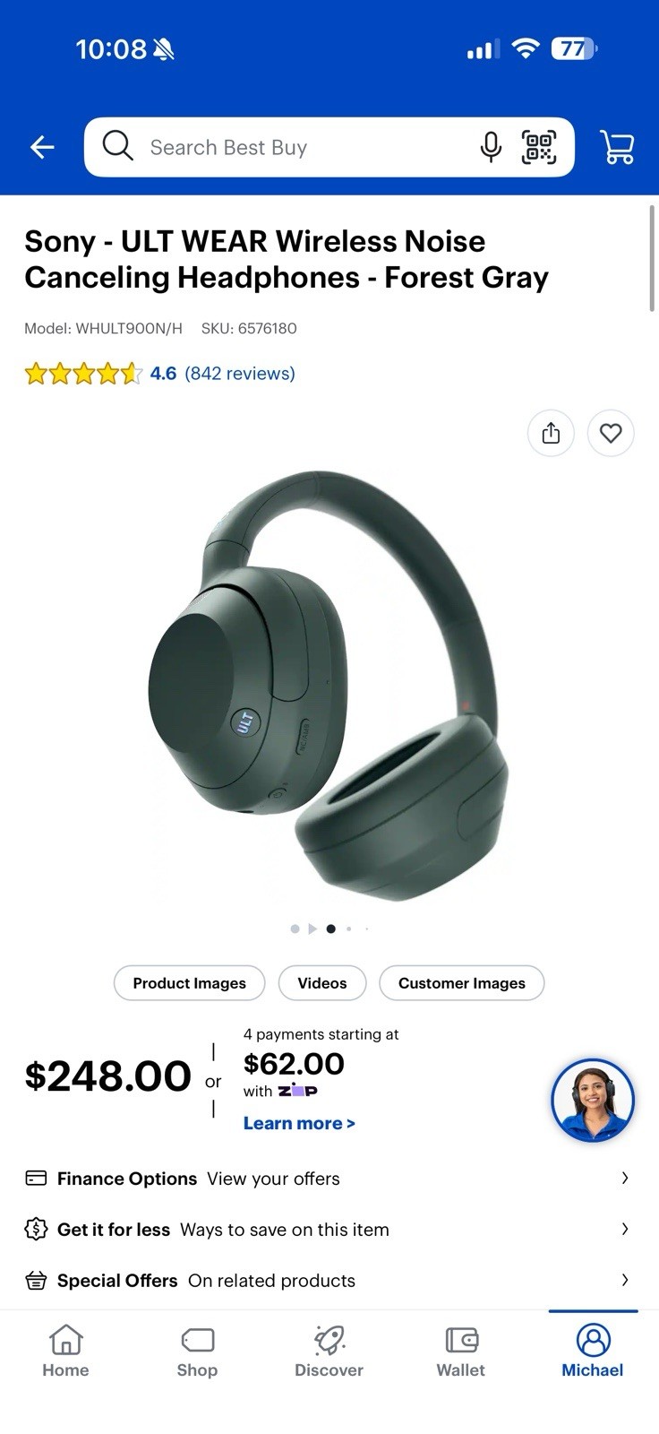 Sony ULT WEAR 900N Wireless Noise Canceling Bluetooth Headphones – Forest Gray