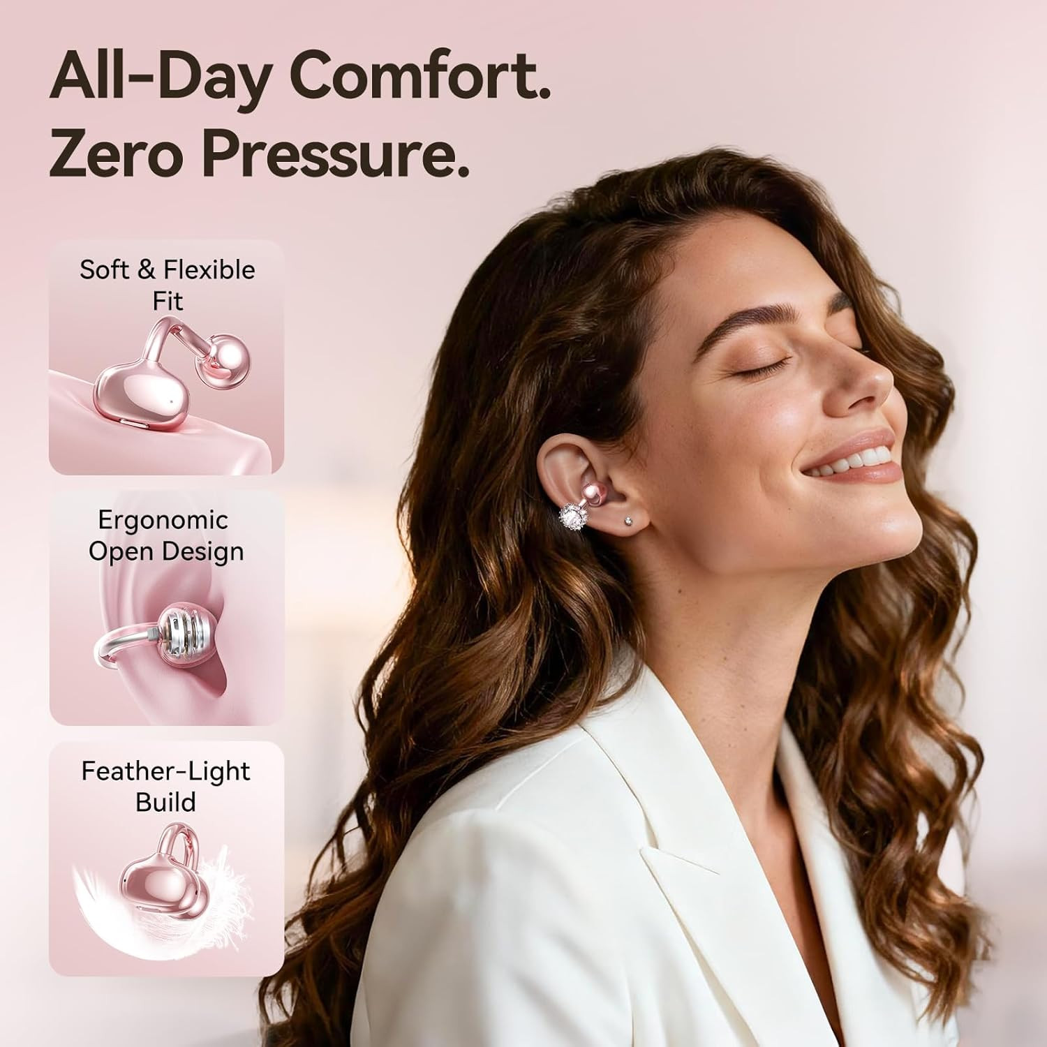 Rose Gold Bluetooth 5.4 Open Ear Earbuds with Detachable Diamond Earrings