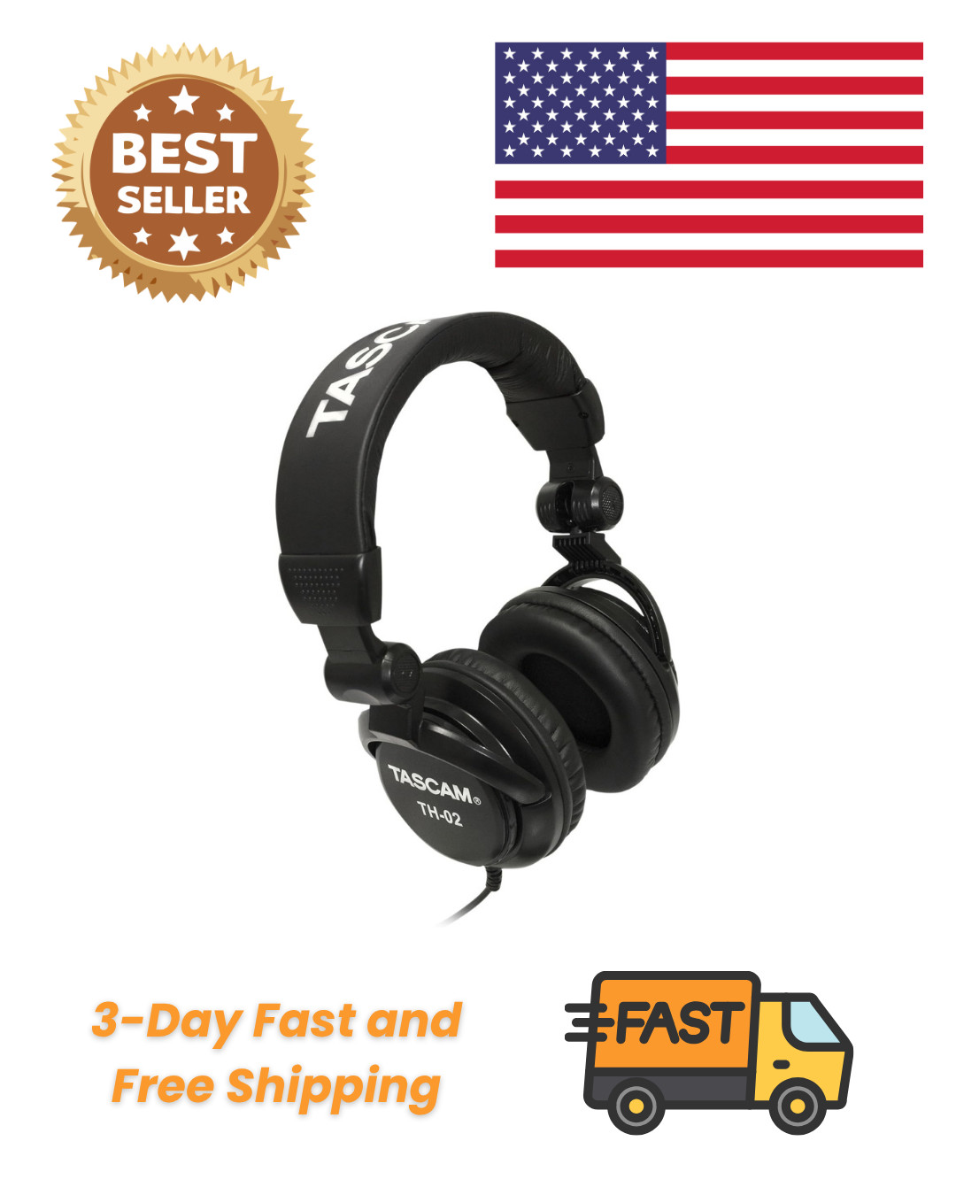 TASCAM TH-02 Professional Studio Monitor Headphones, Wired, Over Ear