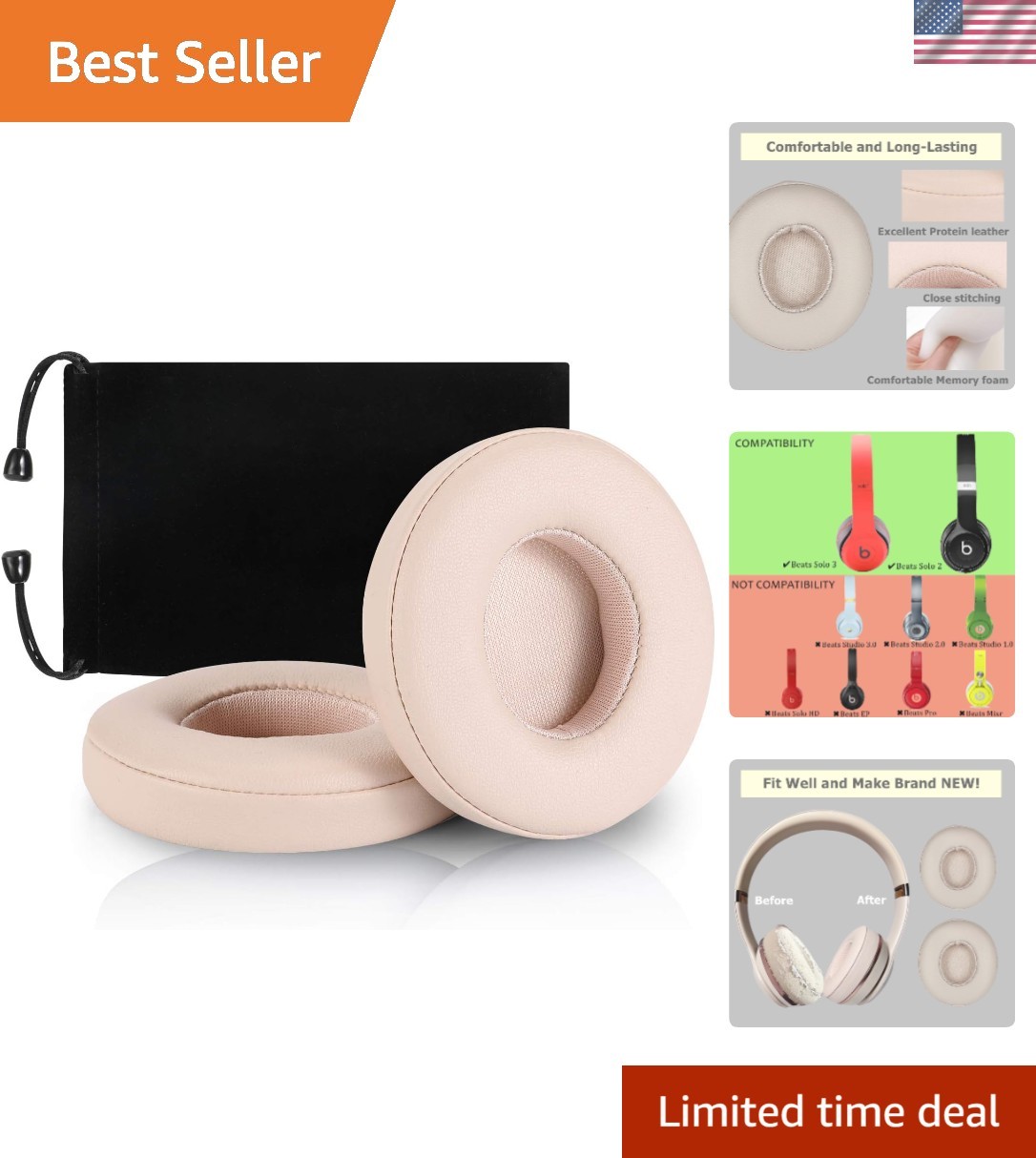 Durable Light Pink Earpad Covers Made with Protein Leather for Solo 2.0 & 3.0