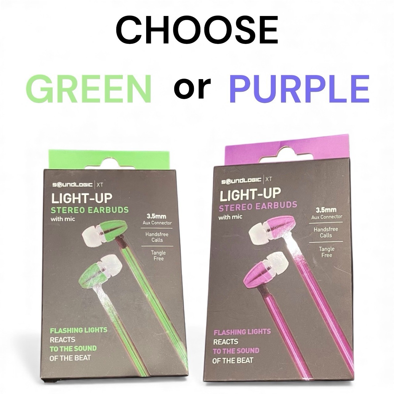 SoundLogic XT Light-Up Stereo Earbuds Mic 3.5mm Flashing Beat Reactive Purple