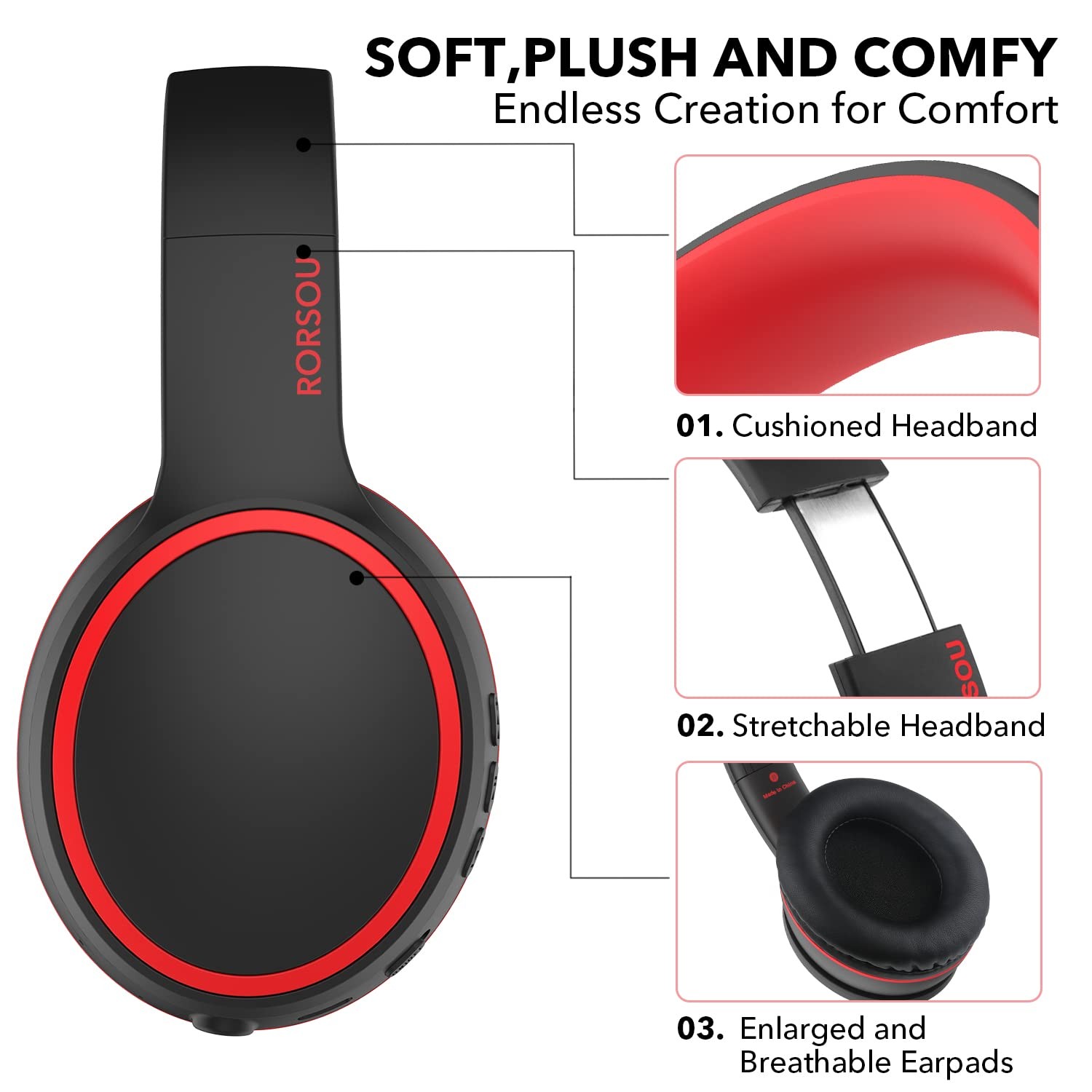 RORSOU B10 Bluetooth Headphones Over Ear, 2 EQ Music Large, Black