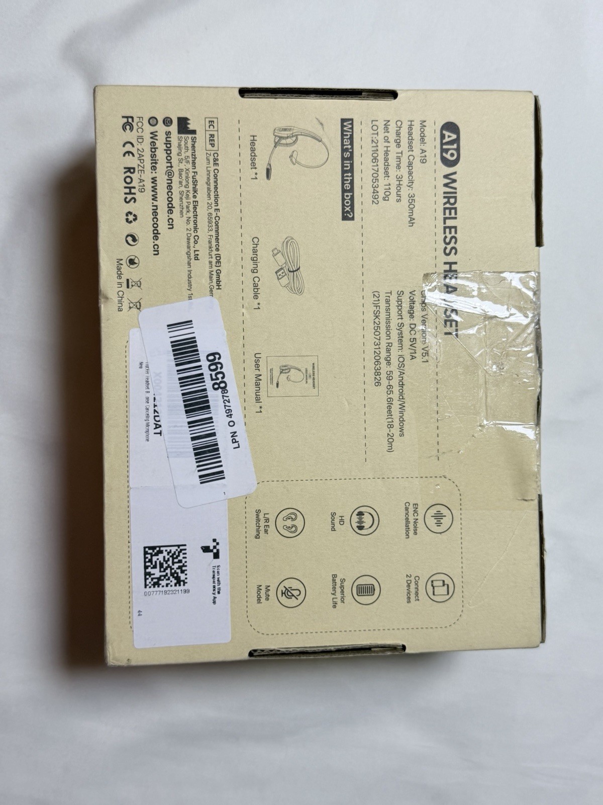 A19 Wireless Headset, Noise Cancelling – Bluetooth, HD Sound/Voice Black