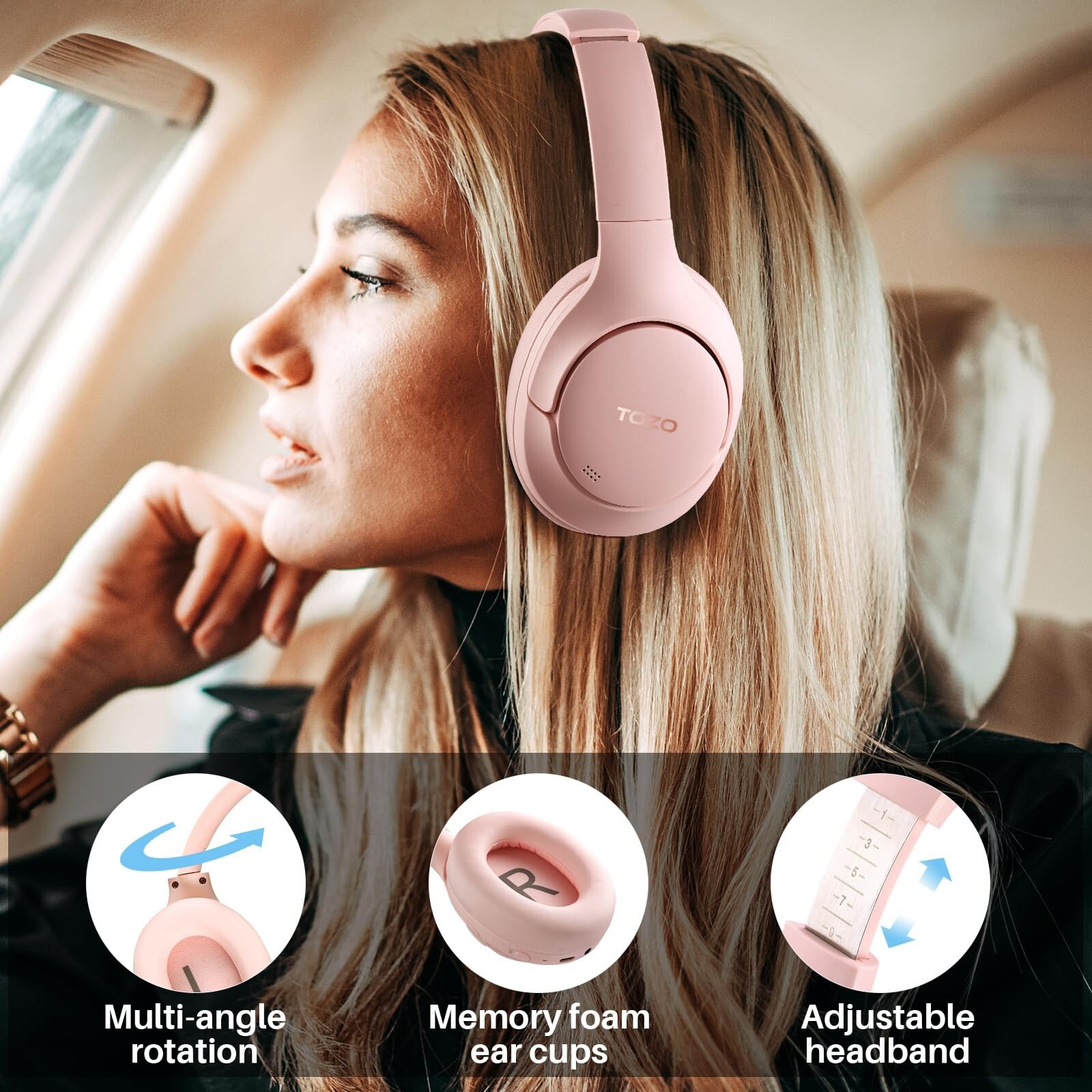 TOZO HT2 Over Ear Headphones ANC Hi-Res Audio Headset, Pink (Renew)