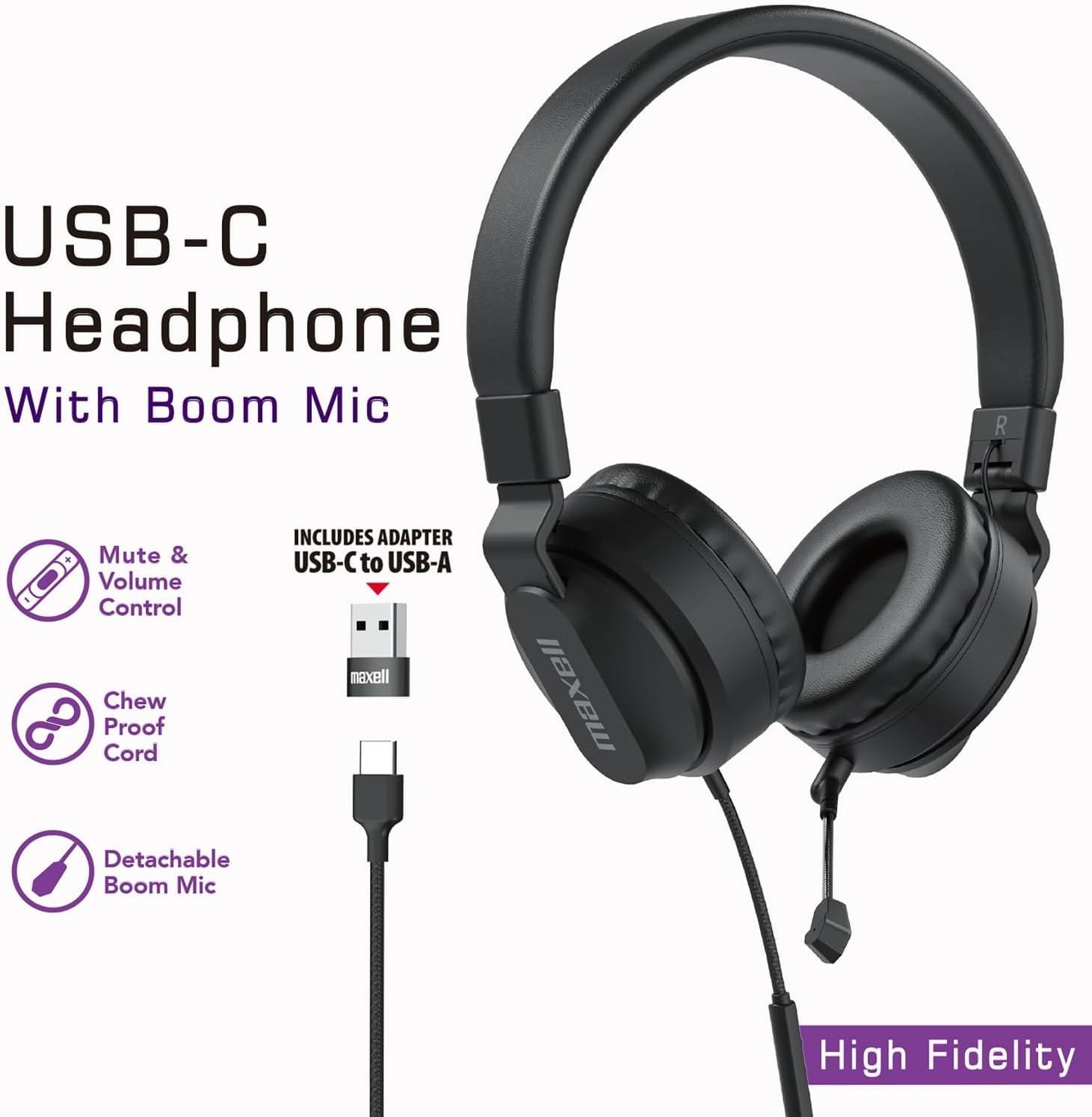 Maxell 197304 Wired Folding Over-Ear Headphones with Detachable Boom Mic USB-C