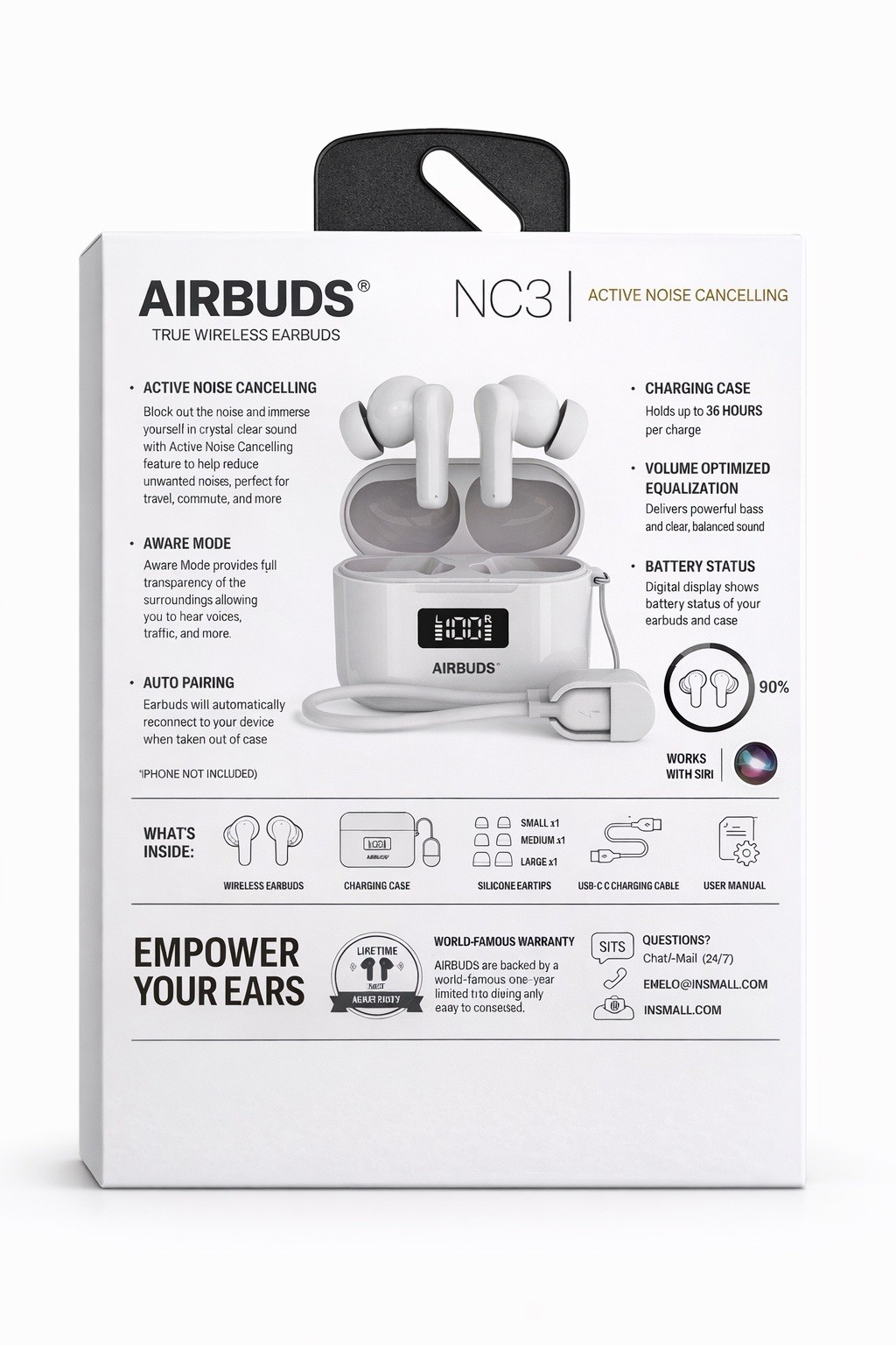 AIRBUDS NC3 Bluetooth Earbuds, Active Noise Cancelling, Smart LED, White