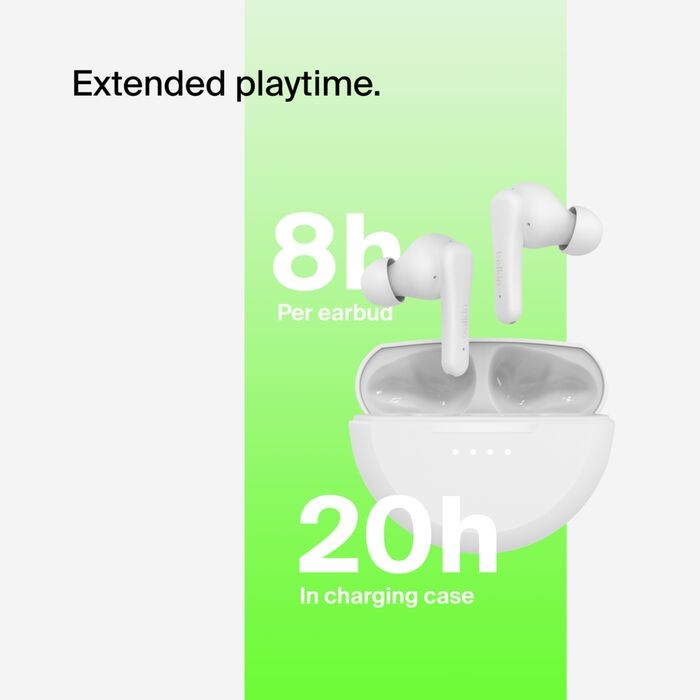 Belkin SoundForm Rhythm True Wireless Earbuds Bluetooth Multipoint 28H ENC White