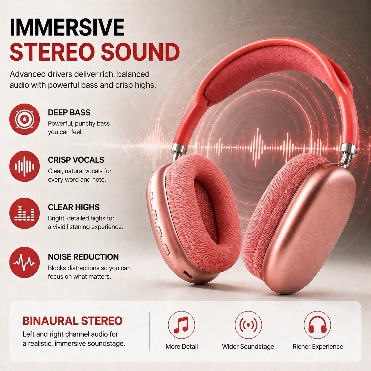 New P9 PRO MAX Headphones Noise Cancelling Bluetooth Earphones Red