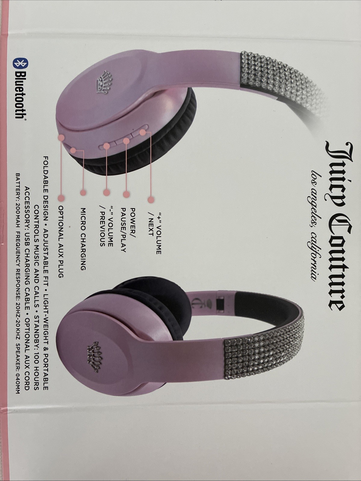 New Juicy Couture Bling Light Pink Rhinestone Wireless Headphones