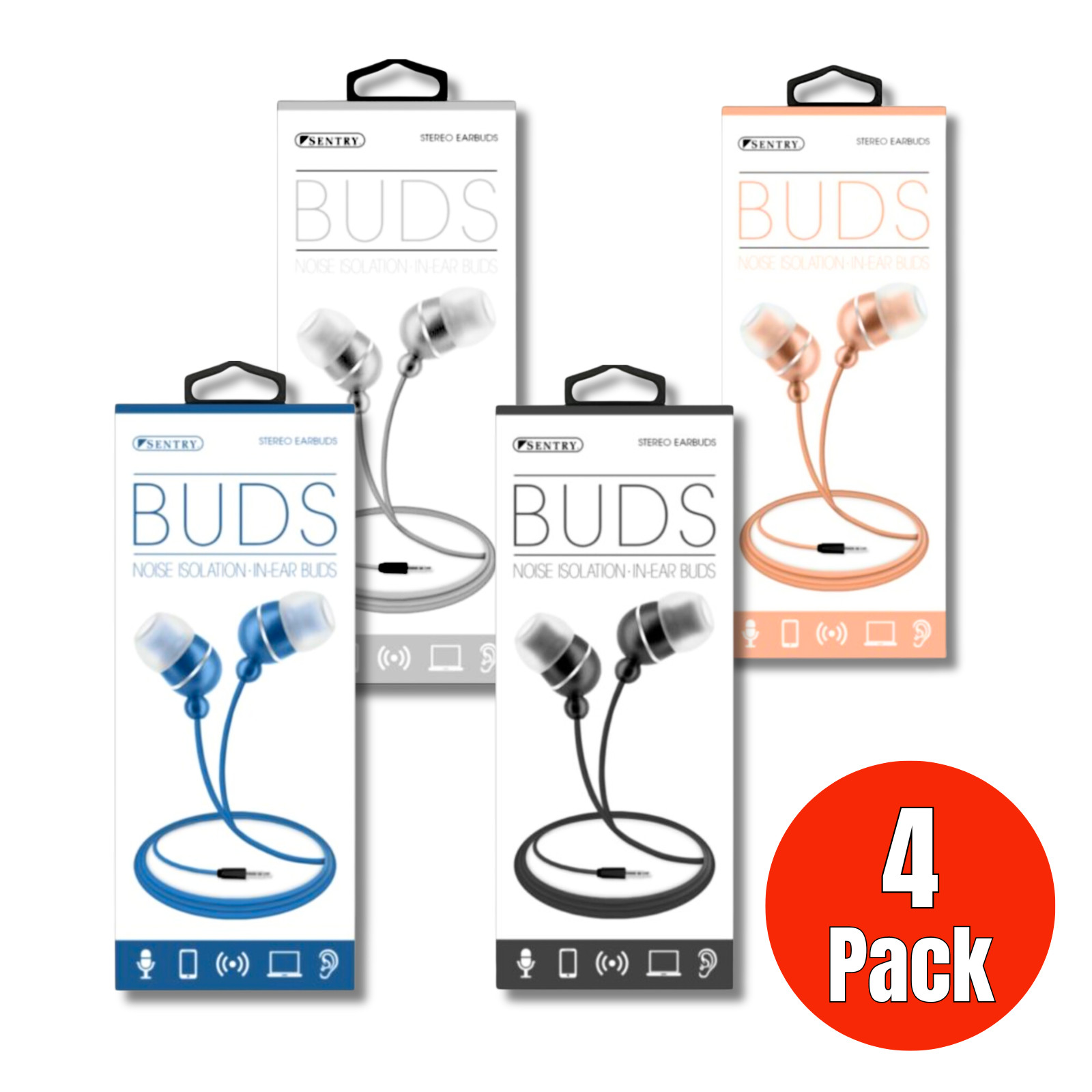 [4 Pack] Sentry Stereo Noise Isolation Earbuds, 3.5mm Plug, 4′ Cord