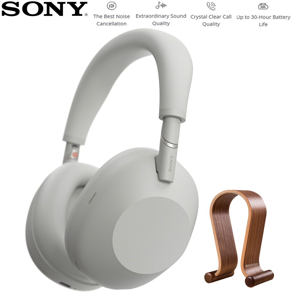 Sony Best Wireless Noise Canceling Headphones Platinum Silver with Wood Stand