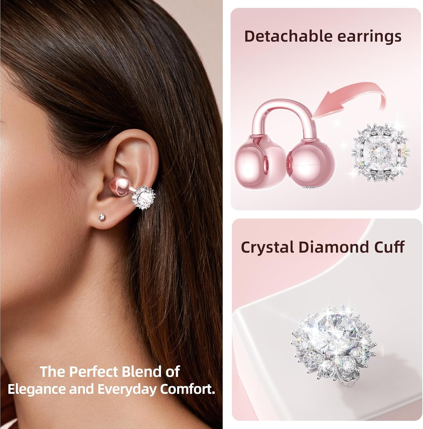 Rose Gold Bluetooth 5.4 Open Ear Earbuds with Detachable Diamond Earrings