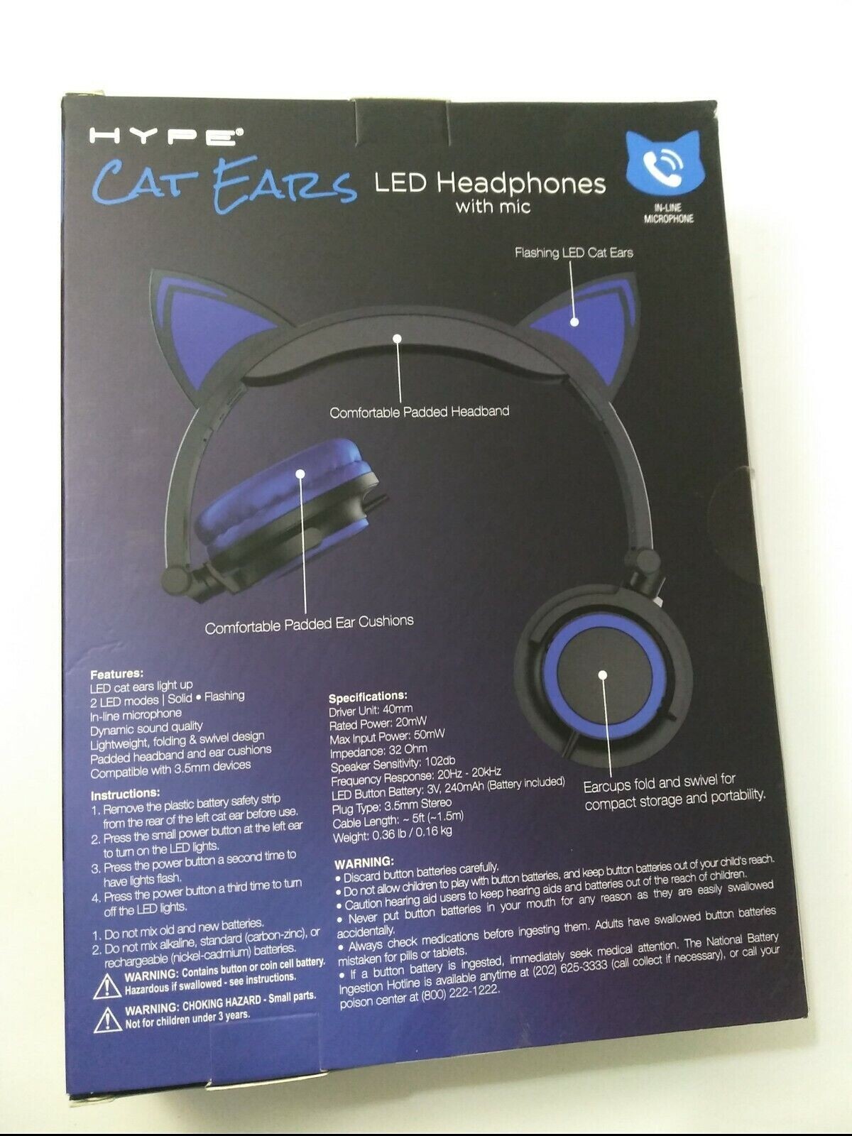 Hype Cat Ears LED Headphones 3.5mm Jack with mic (BLUE)