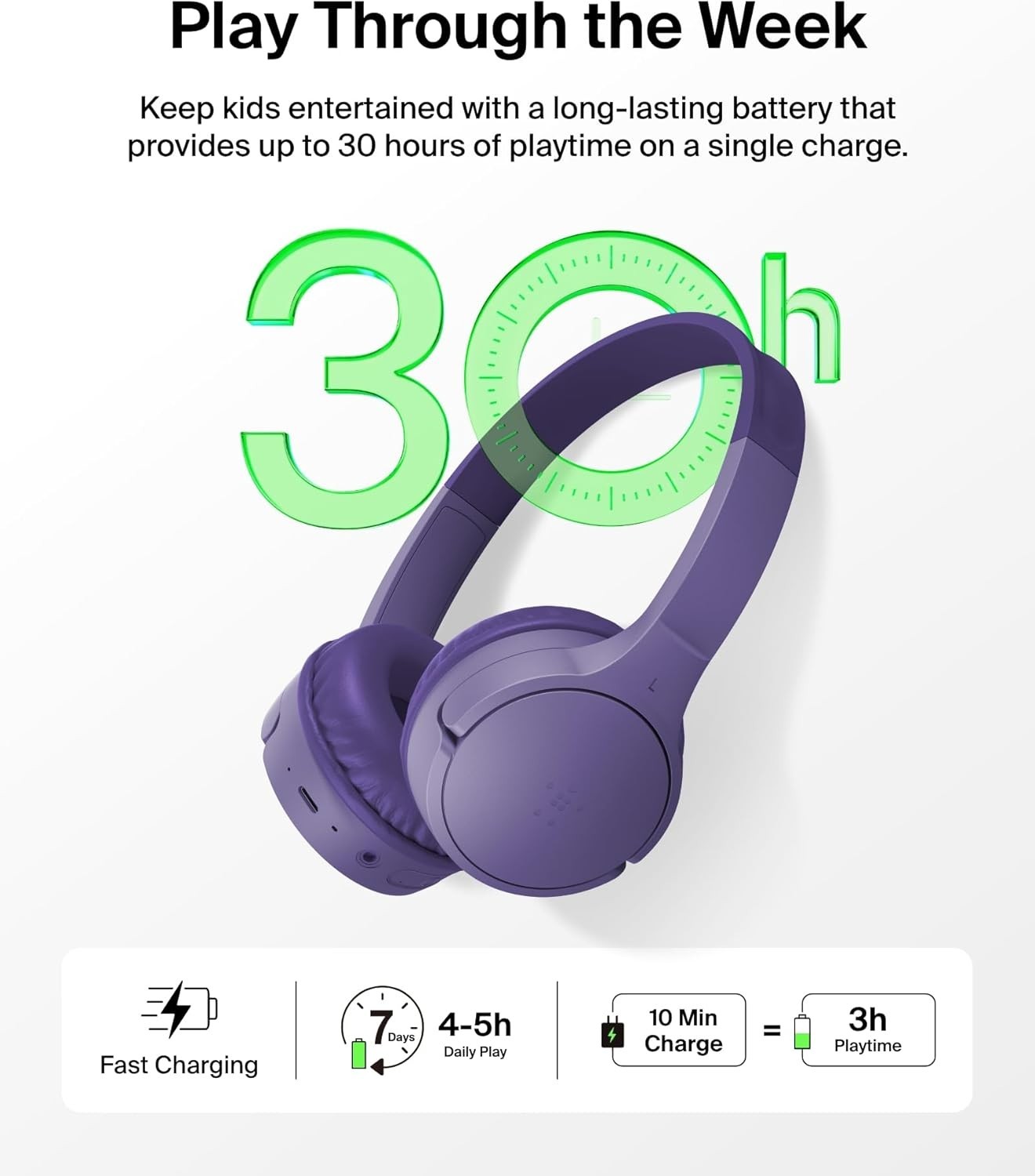Belkin SoundForm Mini Kids On-Ear Wireless Headphones Purple Built-in Microphone