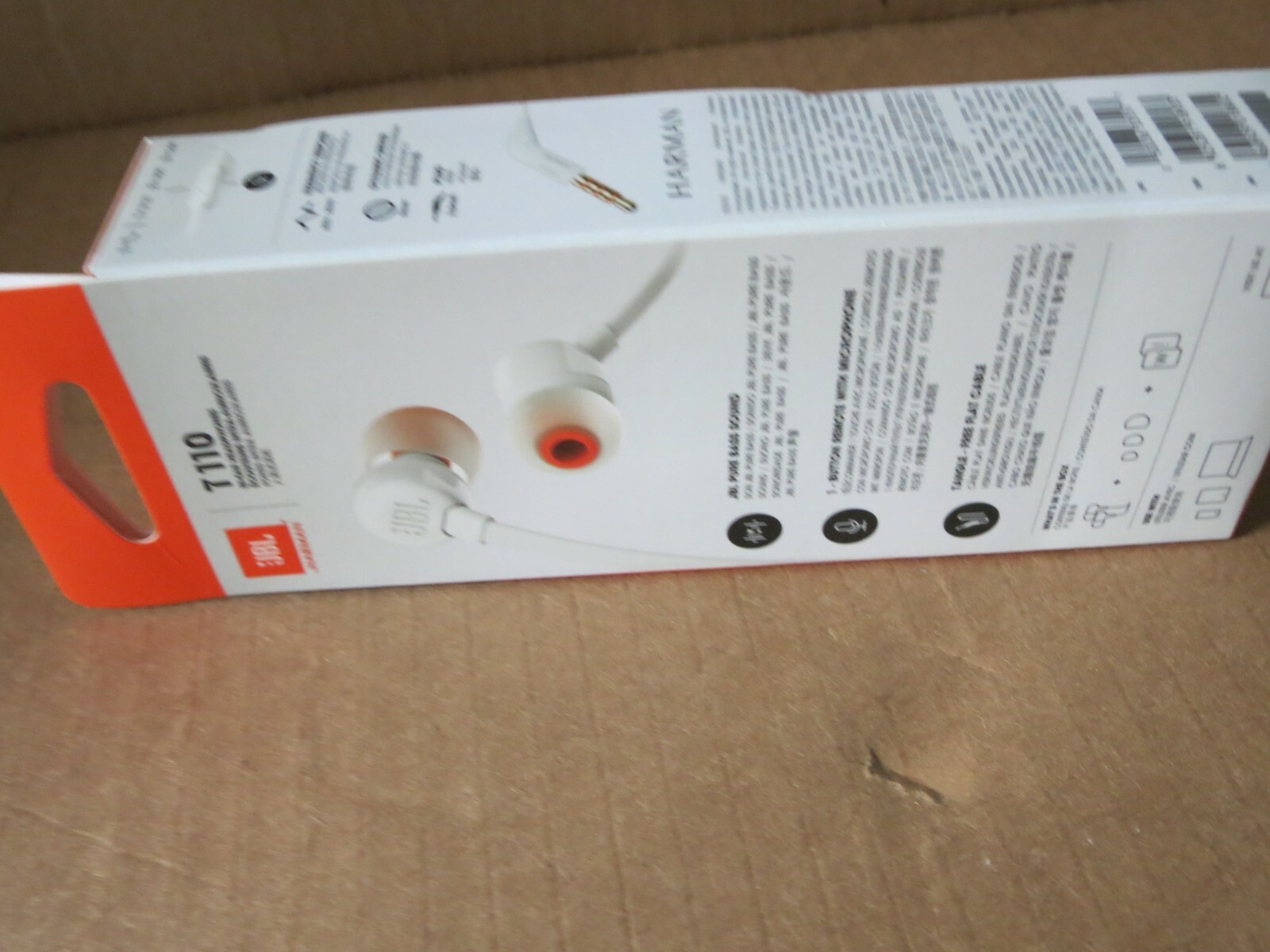 JBL T110 Harman Kardon Pure Bass Tangle Free In-ear Headphones/Mic (White)NEW