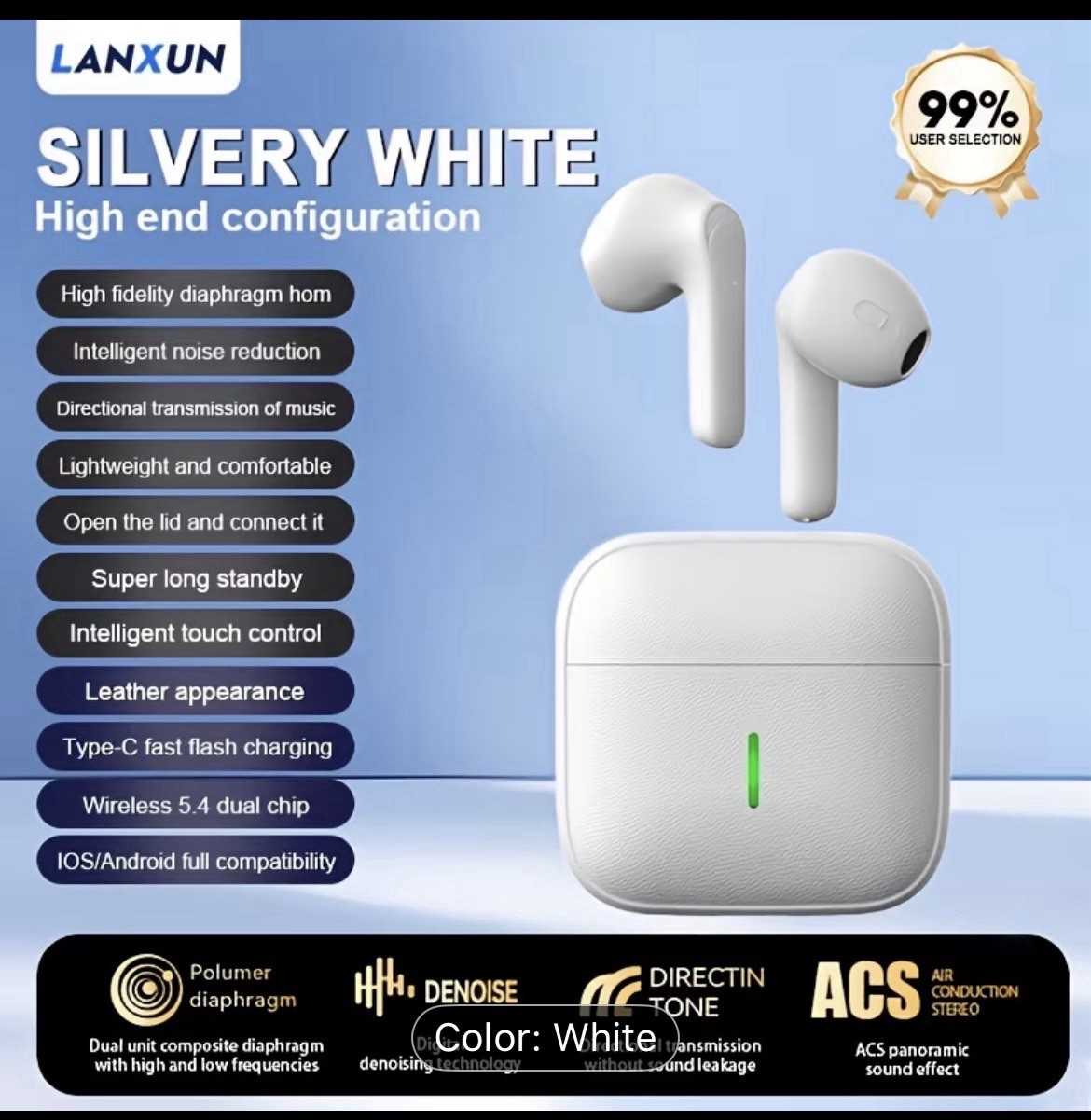 Lanxun JS59 Wireless Bluetooth Earbuds White Noise Cancellation Touch Control