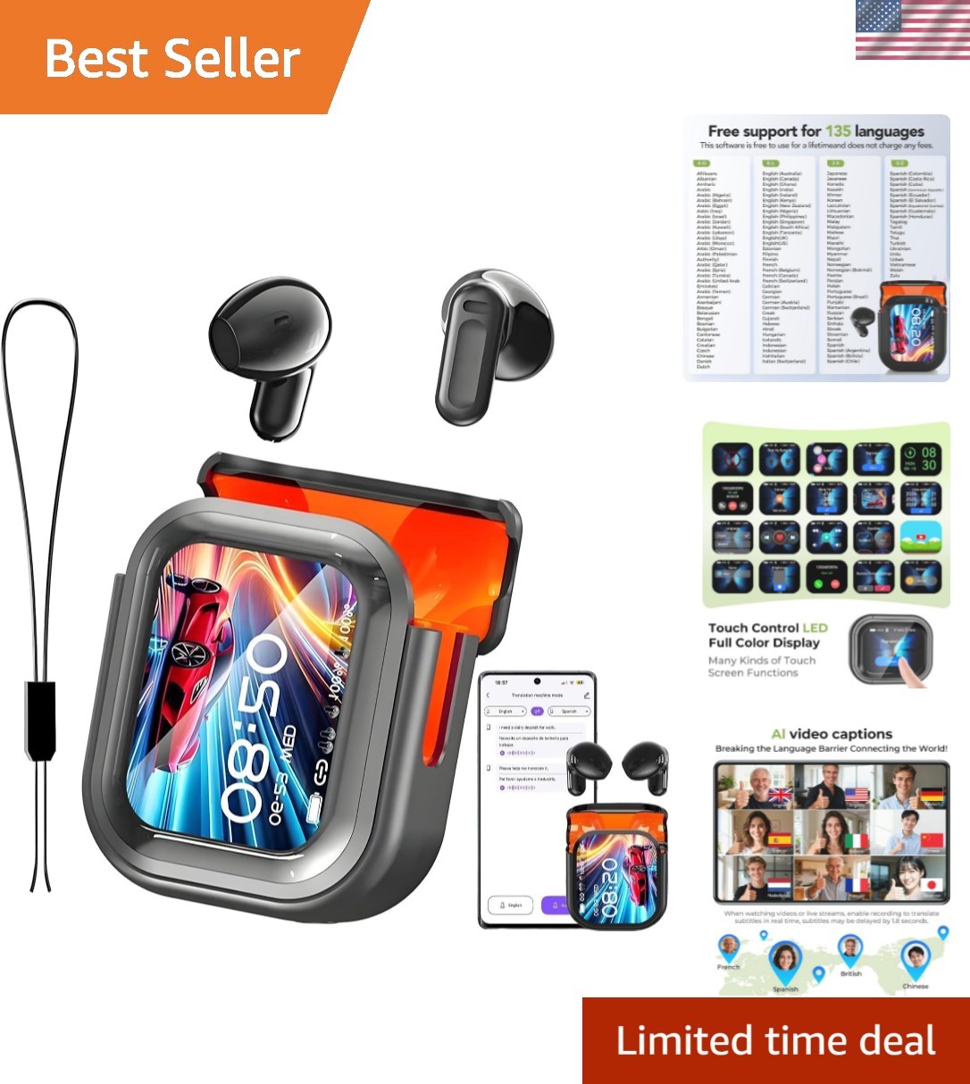 3-in-1 AI Earbuds: Multi-language Translator, Music & Calls with LCD Display